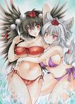  :d :o animal_ears arched_back arm_up armpits bandeau bare_arms bare_legs bare_shoulders belly bikini black_hair black_wings blush breasts cameltoe commentary_request covered_nipples cowboy_shot curvy day eyebrows_visible_through_hair fang grey_hair hand_up hat highres hips hug inubashiri_momiji large_breasts multiple_girls navel open_mouth outdoors pom_pom_(clothes) purple_bikini red_bikini red_eyes shameimaru_aya short_hair side-tie_bikini side-tie_bottom smile splashing standing stomach strapless swimsuit tail thick_thighs thighs tokin_hat touhou traditional_media twobee wading water wide_hips wings wolf_ears wolf_tail 