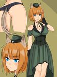  1girl animal_ears arm_at_side ass bare_shoulders black_gloves black_panties black_ribbon blue_eyes blush brave_witches breasts brown_hair closed_mouth commentary_request corset cropped_legs dress emirio_(user_wmup5874) eyebrows_visible_through_hair garrison_cap gloves green_background green_dress gundula_rall hat highres large_breasts multiple_views neck_ribbon panties ribbon short_hair smile standing tail underwear wolf_ears wolf_tail world_witches_series 