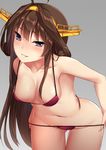  absurdres ahoge alternate_costume blue_eyes blush breasts brown_hair cleavage collarbone commentary_request eyebrows_visible_through_hair hairband headgear highres hinacalibur kantai_collection kongou_(kantai_collection) large_breasts leaning_forward long_hair looking_at_viewer navel smile solo swimsuit 