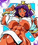  abs alternate_costume bandages bangle blush bracelet breasts covered_nipples dark_skin egyptian green_eyes hair_ornament jewelry large_breasts menat mummy navel open_mouth purple_hair short_hair simple_background solo street_fighter street_fighter_v sweat toned underboob usuiken white_background 