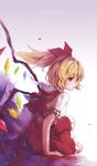  absurdres blonde_hair blush flandre_scarlet hair_ribbon highres looking_away parted_lips red_eyes red_ribbon reset ribbon short_hair short_ponytail side_ponytail sitting solo touhou wings 