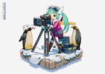  bangs bird black_legwear boots brown_footwear camera chibi commentary_request el-zheng eyebrows_visible_through_hair green_eyes green_hair hatsune_miku jacket knee_boots long_hair open_clothes open_jacket open_mouth pantyhose parka penguin smile snow solo standing tareme tripod twintails video_camera vocaloid 