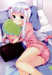  1girl ass bare_legs bed bed_sheet blue_eyes blush bow closed_mouth eromanga_sensei eyebrows_visible_through_hair female hair_bow holding irori izumi_sagiri long_hair long_sleeves looking_at_viewer low-tied_long_hair lying on_bed on_side pajamas pillow pink_bow pink_pajamas scan sidelocks silver_hair solo stuffed_animal stuffed_octopus stylus tablet 