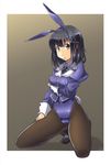  absurdres adapted_costume alto-00 animal_ears black_hair brown_eyes brown_legwear bunny_ears bunny_tail bunnysuit haguro_(kantai_collection) hair_ornament highres kantai_collection kneeling leotard looking_at_viewer md5_mismatch pantyhose purple_leotard short_hair solo tail 