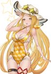  :o arm_at_side arm_up armpit_peek ass_visible_through_thighs bad_id bad_pixiv_id bangs bare_shoulders blonde_hair blush breasts casual_one-piece_swimsuit cleavage collarbone covered_navel cowboy_shot diola_(granblue_fantasy) eyewear_on_head granblue_fantasy green_eyes hat long_hair looking_at_viewer looking_away medium_breasts one-piece_swimsuit open_mouth parted_bangs plaid plaid_swimsuit reido_(reido_c) simple_background solo standing sunglasses swimsuit thigh_gap thigh_strap white_background white_hat yellow_swimsuit 