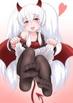  1girl blush demon_tail demon_wings dress_lift feet grim_aloe horns long_hair looking_at_viewer pov quiz_magic_academy red_eyes sheer_legwear soles toes tongue_out twintails white_hair 