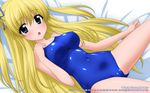  blonde_hair blue_swimsuit breasts calendar_(medium) cameltoe chestnut_mouth competition_school_swimsuit covered_navel highres long_hair looking_at_viewer lying medium_breasts navel one-piece_swimsuit original school_swimsuit september solo sugimura_tomokazu swimsuit two_side_up 