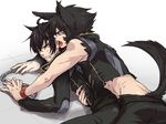  animal_ears annoyed bare_shoulders black_hair chain ear_licking kaidou_ken kemonomimi_mode licking looking_back magami_ryou male_focus mazinkaiser_skl midriff mihoka multiple_boys sleeveless spiked_hair studded_bracelet tail thick_eyebrows tile_floor tiles tongue tongue_out torn_clothes waist_hold wolf_boy wolf_ears wolf_tail yaoi 