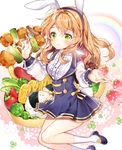  animal_ears blush breasts brown_hair bunny_ears closed_mouth dress eyebrows_visible_through_hair fake_animal_ears food fork fruit green_eyes hairband holding holding_fork large_breasts long_hair looking_at_viewer original pinafore_dress pingo sausage solo strawberry 