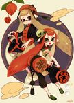  baozi blonde_hair breasts brown_eyes bucket chinese_clothes cleavage culottes domino_mask earrings fangs flats food full_body gatling_gun green_eyes gun hat heavy_splatling_(splatoon) highres holding holding_weapon inkling jewelry long_hair mask minigun multiple_girls orange_hair pants pointy_ears slosher_(splatoon) small_breasts splatoon_(series) tarochang tentacle_hair weapon 