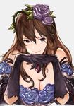  absurdres bare_shoulders breasts brown_hair cleavage dress flower gloves granblue_fantasy hair_between_eyes hair_flower hair_ornament highres large_breasts long_hair looking_at_viewer purple_eyes rose rosetta_(granblue_fantasy) smile solo yashigaras 