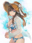  bangs bikini blue_eyes breasts brown_hair cleavage cowboy_shot floral_print front-tie_top hair_over_one_eye isa_(peien516) large_breasts long_hair long_sleeves looking_at_viewer ribbon see-through shirt solo standing swept_bangs swimsuit tales_of_(series) tales_of_the_abyss tear_grants white_bikini white_ribbon white_shirt 