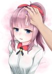  artist_name blue_eyes blush breasts disembodied_limb eyebrows_visible_through_hair hair_ribbon highres large_breasts looking_at_viewer new_game! parted_lips petting purple_hair red_ribbon ribbon rokuuso takimoto_hifumi twitter_username upper_body wavy_mouth 