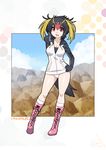  black_hair boots breasts commentary_request hand_on_hip headphones highres hood jacket kemono_friends large_breasts multicolored_hair pointing pointing_at_viewer rockhopper_penguin_(kemono_friends) short_hair solo thumbs_up umigarasu_(kitsune1963) 