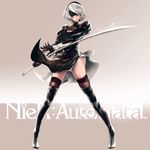  black_dress black_hairband blindfold boots breasts cleavage copyright_name covered_eyes dress facing_viewer feather-trimmed_sleeves full_body hairband highres juliet_sleeves katana leotard leotard_under_clothes long_sleeves medium_breasts nier_(series) nier_automata no_mole puffy_sleeves short_dress side_slit signature silver_hair solo standing sword thigh_boots thighhighs thighhighs_under_boots turtleneck vambraces vinsuality weapon white_leotard wind wind_lift yorha_no._2_type_b 