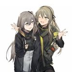  :d black_legwear brown_eyes brown_hair dress_shirt duoyuanjun fingerless_gloves flush girls_frontline gloves grey_hair highres hood hooded_jacket index_finger_raised jacket leaning_forward load_bearing_vest long_hair long_sleeves looking_at_another multiple_girls one_eye_closed one_side_up open_mouth pantyhose radio shirt shrug simple_background smile star star-shaped_pupils symbol-shaped_pupils ump40_(girls_frontline) ump45_(girls_frontline) upper_body walkie-talkie white_background yellow_eyes zipper zipper_pull_tab 