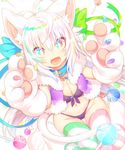  ahoge animal_ear_fluff animal_ears blush breasts candy cat_ears cat_paws chromatic_aberration cleavage collar food green_legwear large_breasts lollipop looking_at_viewer mofuaki multicolored multicolored_eyes navel open_mouth original paws pink_legwear rainbow_eyes sitting smile solo striped striped_legwear thighhighs wariza white_hair white_legwear 