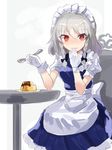  apron bangs black_bow blush bow braid closed_mouth covering_mouth eyebrows_visible_through_hair food gloves hair_between_eyes hair_bow holding holding_spoon izayoi_sakuya looking_at_viewer maid maid_headdress orange_eyes pudding puffy_short_sleeves puffy_sleeves rin_falcon short_sleeves side_braid silver_hair sitting solo spoon touhou twin_braids waist_apron white_apron white_gloves 