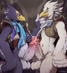  anthro avian balls bird bottomless breath_of_the_wild clothed clothing cum cum_on_clothing cum_on_face cumshot duo ejaculation erection frottage humanoid_penis male male/male nintendo nurinaki orgasm penis revali rito sex teba_(zelda) the_legend_of_zelda vein veiny_penis video_games wings 