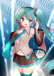 absurdres aqua_eyes aqua_hair bangs binary commentary_request cowboy_shot detached_sleeves hand_on_own_chest hatsune_miku headphones highres long_hair necktie open_mouth samayoi see-through skirt solo thighhighs twintails very_long_hair vocaloid 
