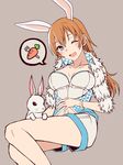  ;d animal_ears blue_eyes bracelet breasts bunny bunny_ears carrot charlotte_e_yeager cleavage fork hand_on_own_stomach jewelry large_breasts long_hair looking_at_viewer momiji7728 navel one_eye_closed open_mouth orange_hair shorts simple_background sitting smile spoken_food spoken_object strike_witches tan_background world_witches_series 