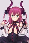  aqua_eyes black_skirt breasts closed_mouth detached_sleeves elizabeth_bathory_(fate) elizabeth_bathory_(fate)_(all) fang_out fate/extra fate/extra_ccc fate_(series) frilled_skirt frills grey_background highres horns itachi_kanade long_hair looking_at_viewer microphone microphone_stand pink_hair pointy_ears simple_background skirt small_breasts smile solo underboob 