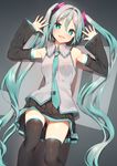  aqua_eyes aqua_hair arms_up ass_visible_through_thighs commentary_request detached_sleeves hatsune_miku headset long_hair necktie open_mouth panties pantyshot skirt solo thighhighs twintails underwear very_long_hair vocaloid yappen 