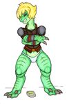 blonde_hair clothed clothing dino_crisis dinosaur female green_skin hair ivanks navel panties paula_morton raptor simple_background solo theropod torn_clothing transformation underwear white_background 