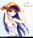  2017 alternate_costume artist_name bare_arms bare_shoulders blue_hair breasts camisole collarbone dress food fruit hands_on_headwear hat hinanawi_tenshi long_hair looking_at_viewer munuu parted_lips peach red_eyes red_ribbon ribbon sleeveless small_breasts solo summer touhou upper_body white_dress 