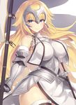  armor armored_dress bangs bare_shoulders belt blonde_hair blue_eyes blush breasts chain commentary_request dress eyebrows_visible_through_hair fate/apocrypha fate_(series) faulds flag fur-trimmed_legwear fur_trim gauntlets gorget headpiece hips jeanne_d'arc_(fate) jeanne_d'arc_(fate)_(all) large_breasts long_hair looking_at_viewer plackart sheath sheathed simple_background smile solo sword vambraces very_long_hair weapon white_background white_dress white_flag yamaarashi 