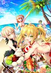  4girls :d ^_^ arm_up artoria_pendragon_(all) artoria_pendragon_(swimsuit_rider_alter) ass bangs barefoot bent_over bikini black_ribbon black_swimsuit blonde_hair blue_sky blurry braid breasts breasts_apart brown_hair bucket butter_knife casual_one-piece_swimsuit center_opening cherry cleavage closed_eyes cloud coconut_tree cream criss-cross_halter dark_excalibur day depth_of_field diving_mask diving_mask_on_head eating error eyebrows_visible_through_hair fang fate/grand_order fate_(series) fishing_rod food fork french_braid fruit fujimaru_ritsuka_(female) fujimaru_ritsuka_(male) giving green_eyes hair_bun hair_over_one_eye hair_ribbon halterneck holding holding_bucket holding_food holding_spoon horizon ice_cream inflatable_toy innertube kiwifruit large_breasts leg_up lemon lemon_slice lens_flare lobster long_hair looking_at_viewer mash_kyrielight md5_mismatch meat medium_breasts multiple_girls nero_claudius_(fate)_(all) nero_claudius_(swimsuit_caster)_(fate) o-ring o-ring_bikini ocean octopus one-piece_swimsuit open_mouth orange_hair outdoors outstretched_arm palm_tree plate purple_hair ribbon saber_alter short_hair side_ponytail sitting sky smile snorkel sparkle spoon spoon_in_mouth standing standing_on_one_leg striped striped_bikini summer sunlight swimsuit swimsuit_of_perpetual_summer swimwear table tree twintails twitter_username uchuu_gorira v-shaped_eyebrows water yellow_eyes 
