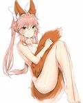 animal_ear_fluff animal_ears barefoot between_legs blush bow closed_mouth eyebrows_visible_through_hair fang_out fate/extra fate_(series) fox_ears fox_tail from_side hair_between_eyes hair_bow highres knees_on_chest long_hair looking_at_viewer nude pink_hair silver_(chenwen) simple_background smile solo tail tail_between_legs tamamo_(fate)_(all) tamamo_no_mae_(fate) twintails white_background yellow_eyes 