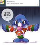  2016 ask_blog askpopplio christmas clothed clothed_feral clothing dialogue english_text fashion_disaster feral hi_res holidays looking_down mammal marine nintendo on_haunches pinniped pok&eacute;mon popplio solo speech_bubble spread_arms sweater text tumblr video_games 