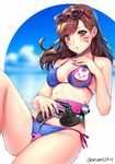  aruma_jiki bikini blue_bikini blue_sky blush breasts brown_eyes brown_hair cloud commentary_request d.va_(overwatch) day eyebrows_visible_through_hair eyewear_on_head facial_mark gun hand_on_own_chest handgun holding holding_gun holding_weapon long_hair looking_at_viewer medium_breasts nail_polish open_mouth outside_border overwatch pink-framed_eyewear pink_nails pistol sky solo sunglasses swimsuit weapon wind 