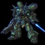  beam_saber black_background char's_counterattack energy_gun full_body geara_doga glowing glowing_eyes gun gundam gundam_unicorn highres holding holding_sword holding_weapon machi_(kjj6997) mecha rifle simple_background solo sword weapon 