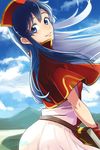  blue_eyes blue_hair cape dark_blue_hair day dress fire_emblem fire_emblem:_fuuin_no_tsurugi hat lilina long_hair looking_at_viewer otton simple_background sky smile solo 