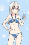 :q bikini blonde_hair blue_background blue_eyes blush bracelet closed_mouth drinking_straw eila_ilmatar_juutilainen eyebrows_visible_through_hair hand_on_hip jewelry long_hair looking_at_viewer momiji7728 navel smile soda solo standing stomach strike_witches striped striped_bikini swimsuit tongue tongue_out world_witches_series 