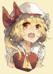  ascot bad_id bad_pixiv_id bangs banned_artist blonde_hair blush bow brown_eyes eyebrows_visible_through_hair fang flandre_scarlet hair_between_eyes hat hat_bow long_hair looking_at_viewer mob_cap open_mouth orange_background red_bow short_sleeves side_ponytail simple_background slit_pupils solo touhou upper_body white_hat zairen 