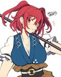  1girl :o artist_signature breasts cleavage dated dress iroyopon large_breasts obi onozuka_komachi puffy_short_sleeves puffy_sleeves red_eyes red_hair sash scythe short_hair short_sleeves simple_background solo touhou two_side_up 