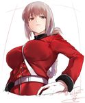  belt between_breasts braid breasts fate/grand_order fate_(series) florence_nightingale_(fate/grand_order) from_below hand_on_hip highres isshiki_(ffmania7) large_breasts long_hair long_sleeves looking_at_viewer looking_down military military_uniform pink_hair red_eyes solo twitter_username uniform upper_body 