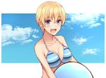  ball beachball bikini blonde_hair blue_eyes brave_witches breasts cleavage cloud day large_breasts looking_at_viewer momiji7728 nikka_edvardine_katajainen open_mouth short_hair sky solo striped striped_bikini striped_bikini_top swimsuit world_witches_series 