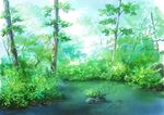  commentary dappled_sunlight day forest grass highres hirota_(masasiv3) nature no_humans original outdoors plant river scenery sunlight tree water 