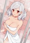  bare_shoulders bathroom blush breasts cleavage collarbone eyebrows_visible_through_hair from_above girls_frontline highres indoors large_breasts looking_at_viewer medium_hair naked_towel out-of-frame_censoring parted_lips red_eyes silver_hair solo spas-12_(girls_frontline) steam terras tile_floor tile_wall tiles towel wet 