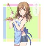  apron bangs bare_arms bare_shoulders blush breasts brown_hair chopsticks cleavage commentary cowboy_shot denim denim_shorts eyebrows_visible_through_hair food food_request from_side holding holding_chopsticks holding_food holding_plate kunikida_hanamaru large_breasts light_brown_eyes long_hair looking_at_viewer love_live! love_live!_sunshine!! nearly_naked_apron no_bra parted_lips partially_translated plate short_shorts shorts smile solo speech_bubble tonee translation_request 