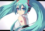 anniversary aqua_eyes aqua_hair commentary_request detached_sleeves hatsune_miku headset highres hofuru letterboxed long_hair necktie number_tattoo solo tattoo twintails vocaloid white_background 