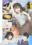  2boys 2girls araido_kagiri armpits ball bangs black_hair blank_eyes blurry blush bouncing_breasts bowling bowling_ball bowling_pin breasts comic commentary drinking_straw fujimino_daisuke high_five highres hino_matsuri_(osananajimi_ni_najimitai) jacket long_pants long_skirt medium_breasts medium_hair multiple_boys multiple_girls original osananajimi_ni_najimitai pants see-through shirt silent_comic skirt sleeveless sleeveless_shirt smile spoken_exclamation_mark star sweat trembling yellow_eyes 