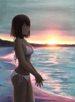  absurdres beach bikini black_hair blue_eyes blurry breasts cowboy_shot depth_of_field from_side hands_together highres medium_breasts ocean onita original outdoors own_hands_together profile seascape short_hair side-tie_bikini solo standing sunset swimsuit water white_bikini 