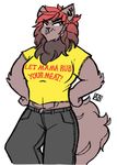  abs anthro breasts brown_hair cat ear_piercing english_text feline female fluffy fur grey_fur hair maine_coon mammal mittensmcgee multicolored_hair piercing ptolema red_hair simple_background solo text two_tone_hair white_background 