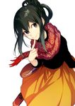  :&gt; asui_tsuyu black_eyes black_hair boku_no_hero_academia commentary eyebrows_visible_through_hair finger_to_mouth hair_between_eyes hegi leaning_forward long_hair looking_at_viewer orange_skirt scarf shoes simple_background skirt smile solo standing white_background 
