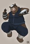  action_pose anthro bear bulge dagger fishnet front_view grey_background hi_res holding_object holding_weapon kunai looking_at_viewer male mammal melee_weapon moobs ninja open_mouth overweight ranged_weapon shinoda_hamazaki shuriken signature simple_background solo weapon 